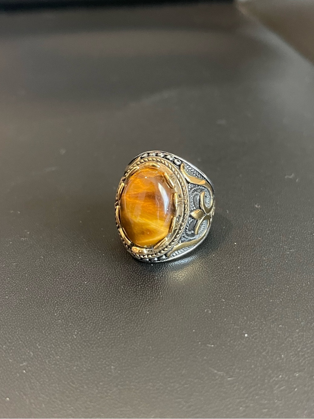 Men's Ornate Tiger Eye Statement Ring - Silver Tone